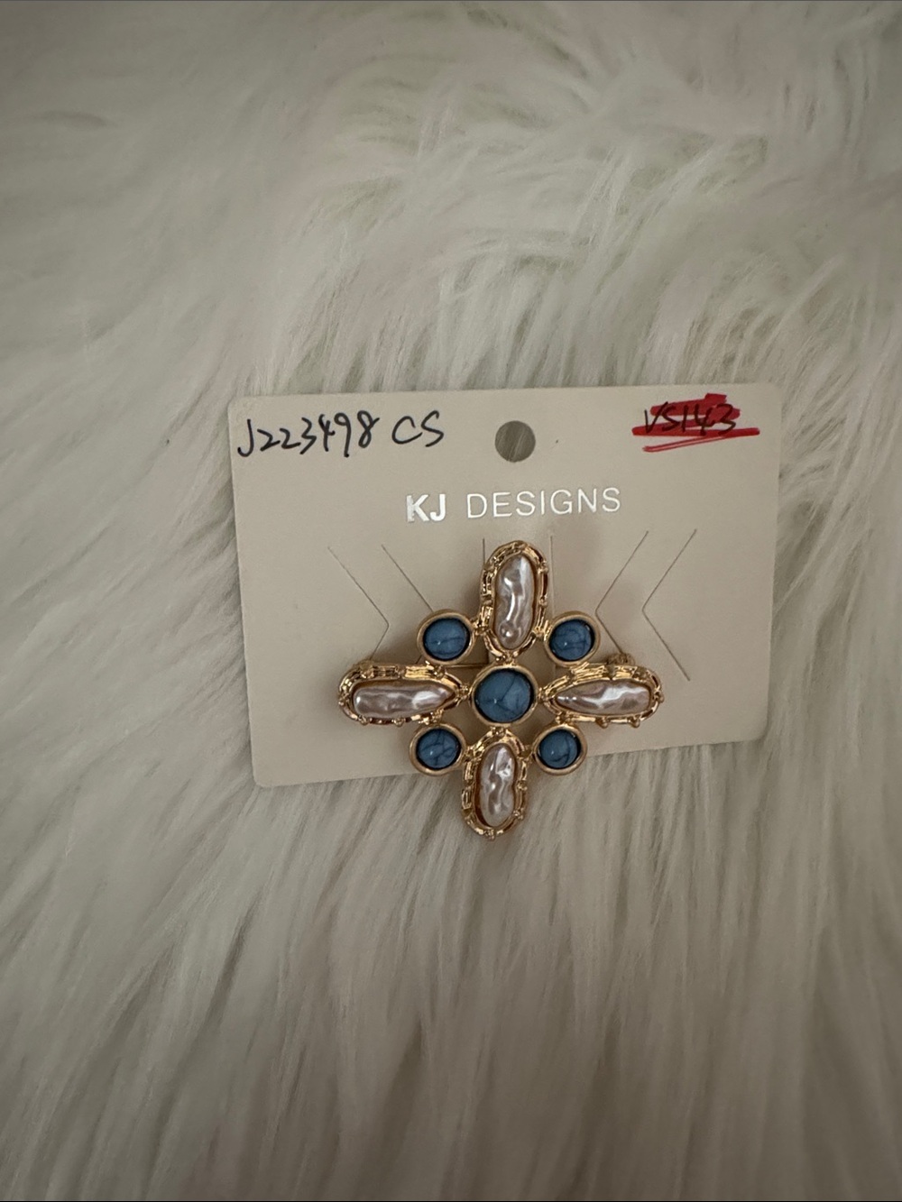 JK Designs Gold-Tone Brooch with Blue and Pearl Accents